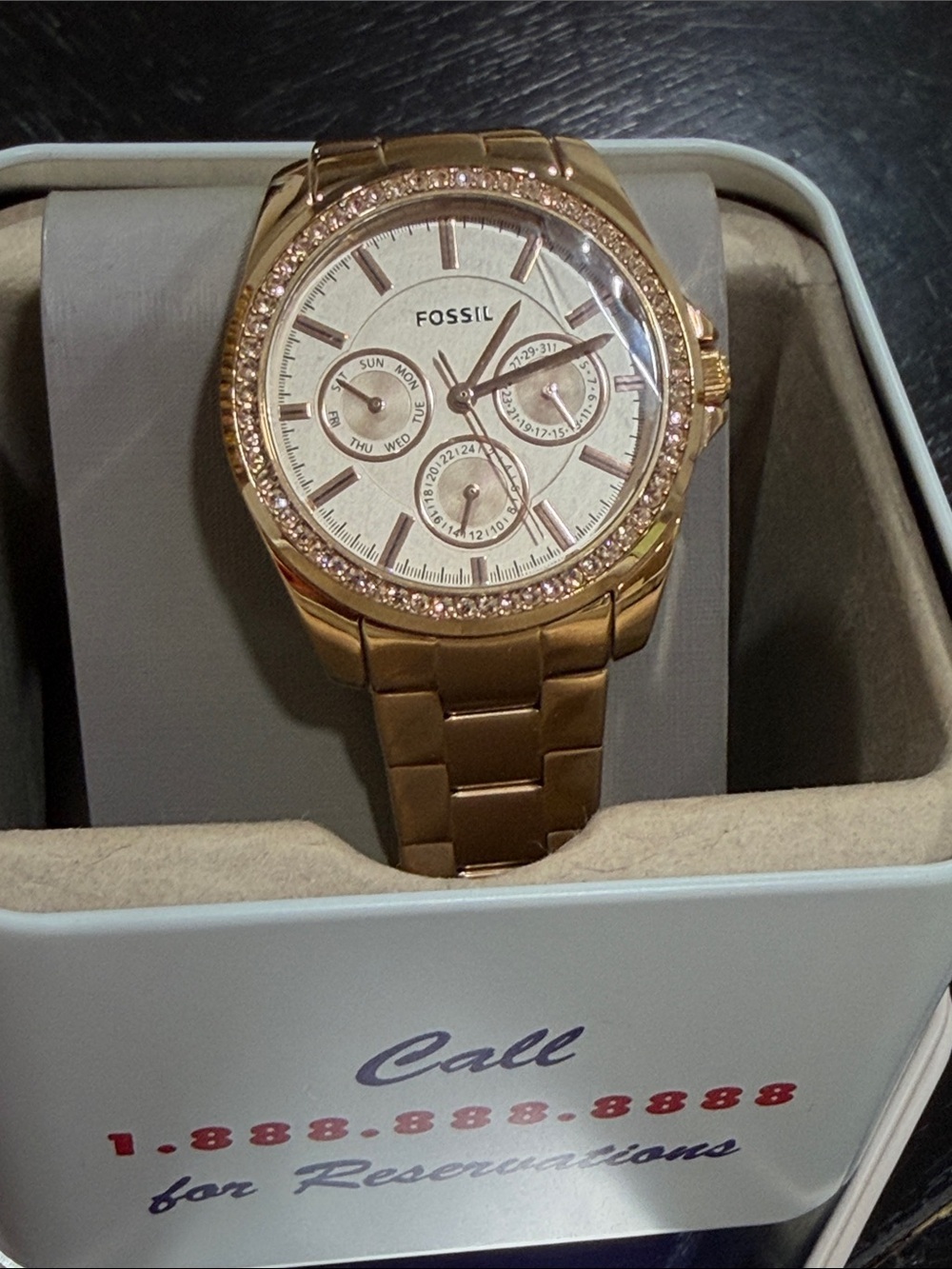 Fossil Rose Gold Tone Crystal Bezel Bracelet Watch